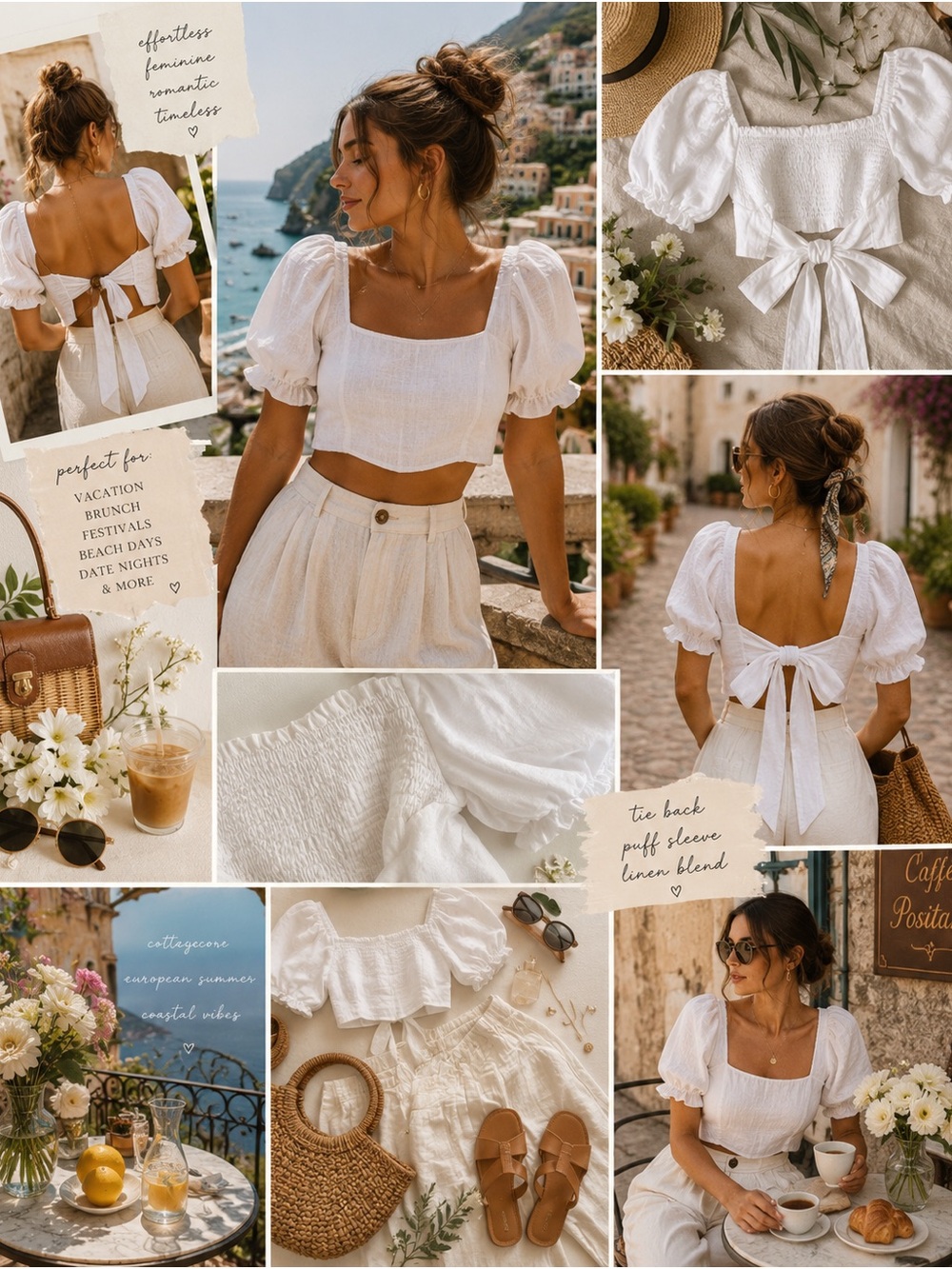 White Linen Blend Puff Sleeve Tie Back Crop Top Cottagecore Milkmaid Boho Smock